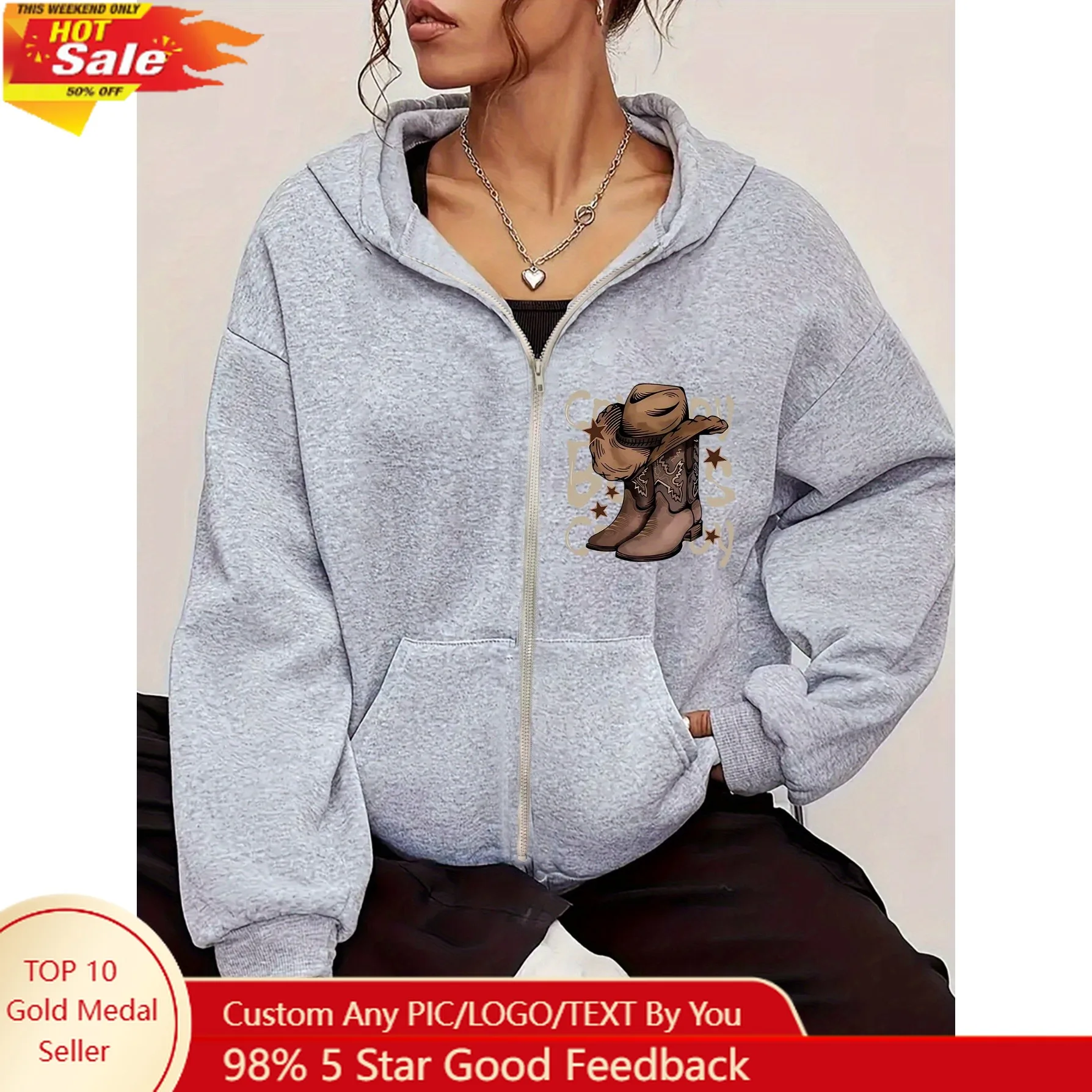 Chaqueta casual con capucha y cremallera para mujer con botas de vaquero con estampado gráfico y texto "COW's CO" - Patrón geométrico negro, lavado a máquina