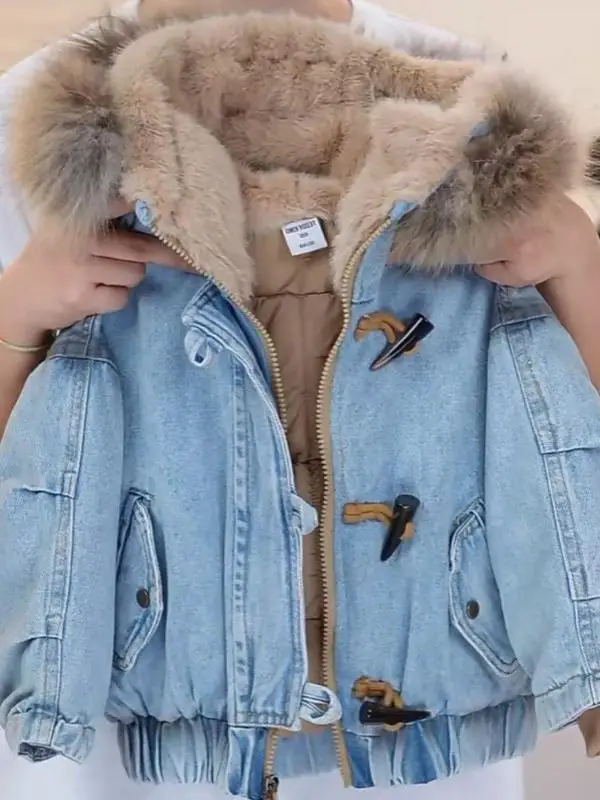 

Детское зимнее пальто Thiened Fce на подкладке, хлопковое джинсовое пальто с капюшоном, удобное теплое для мальчиков и девочек, милый джинсовый дизайн