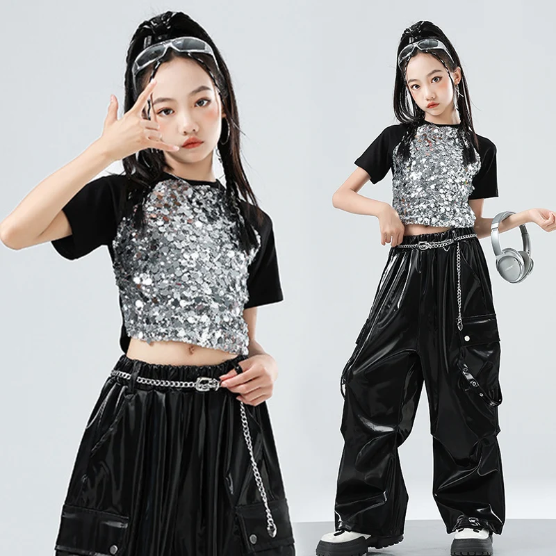 2025 الفتيات ملابس رقص الجاز موضة Kpop المرحلة الزي الترتر المحاصيل القمم الأسود خلط السراويل الهيب هوب زي الشارع الشهير VDL4586 #1