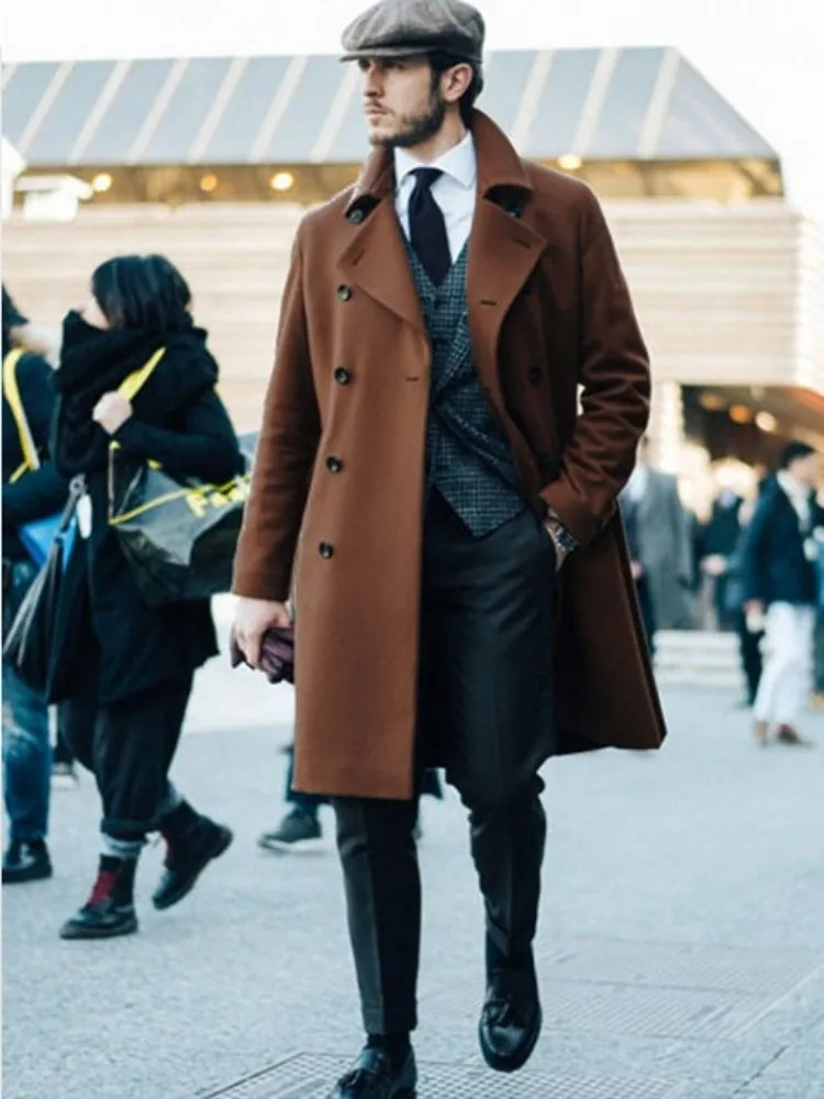 Autumn Winter Business Casual Mens Woolen Coat Double Breasted Mid Length Overcoat Vintage Slim Fit Office Men Work Long Jacket
