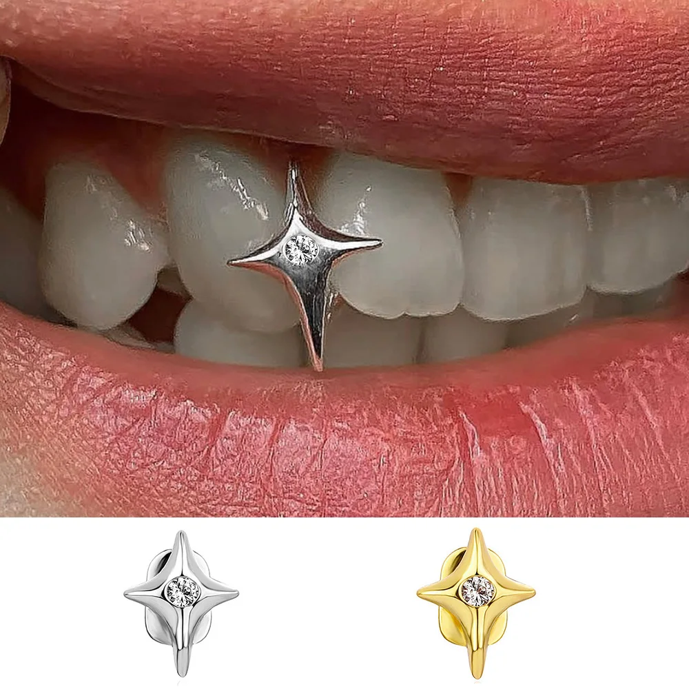 RACHELZ Hip Hop Cute CZ Stone Star Teeth Grillz Braces Gold Color Y2K Elegant Shiny Zircon Tooth Caps For Women Men Punk Jewelry