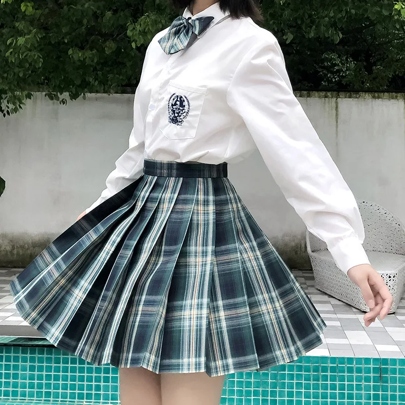 Korean and Japanese Jk Uniform Plaid Skirt Suit Gray Green High Waist Skirt College Style Pleated Skirt School Uniform Cosplay