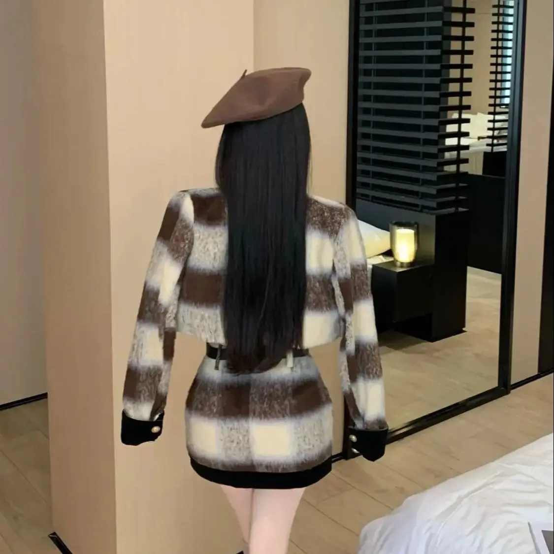 Plaid Suit Women Autumn Winter Maillard Style Hot Girl Woolen Coat High-Waisted A-Line Skirt Fashionable Two-Piece Set