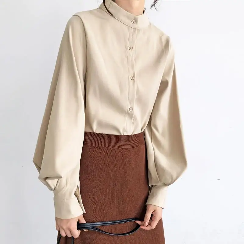 Fashion Solid Color Button Lantern Sleeve Shirt Women\'s Clothing 2022 Autumn New Loose Casual Tops All-match Office Lady Blouse