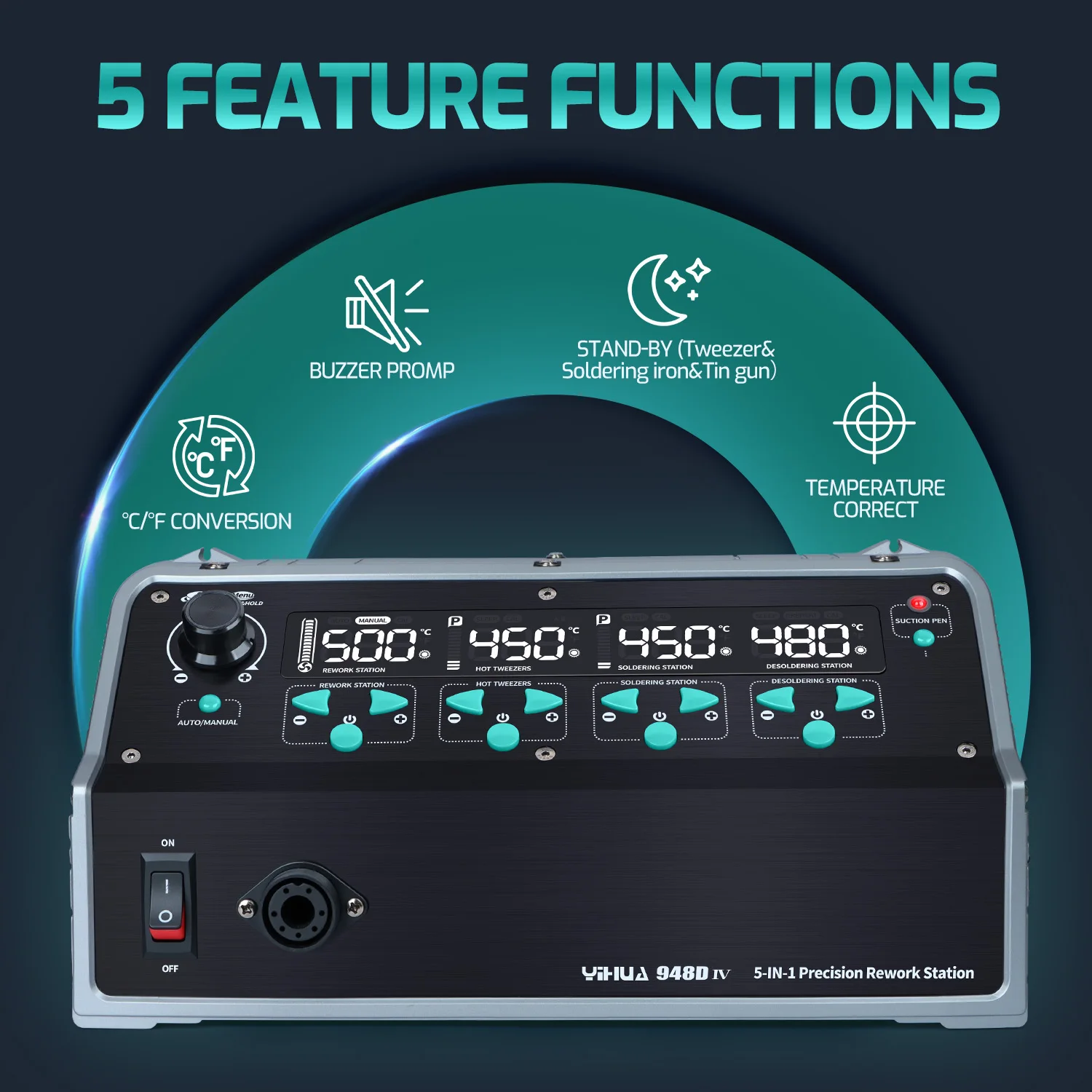 

Gold Seller 948D-IV 5IN1 Welding Station Tin Suction Sucker with 245 Soldering Iron Hot Air Rework IC Pick Pen Phone F