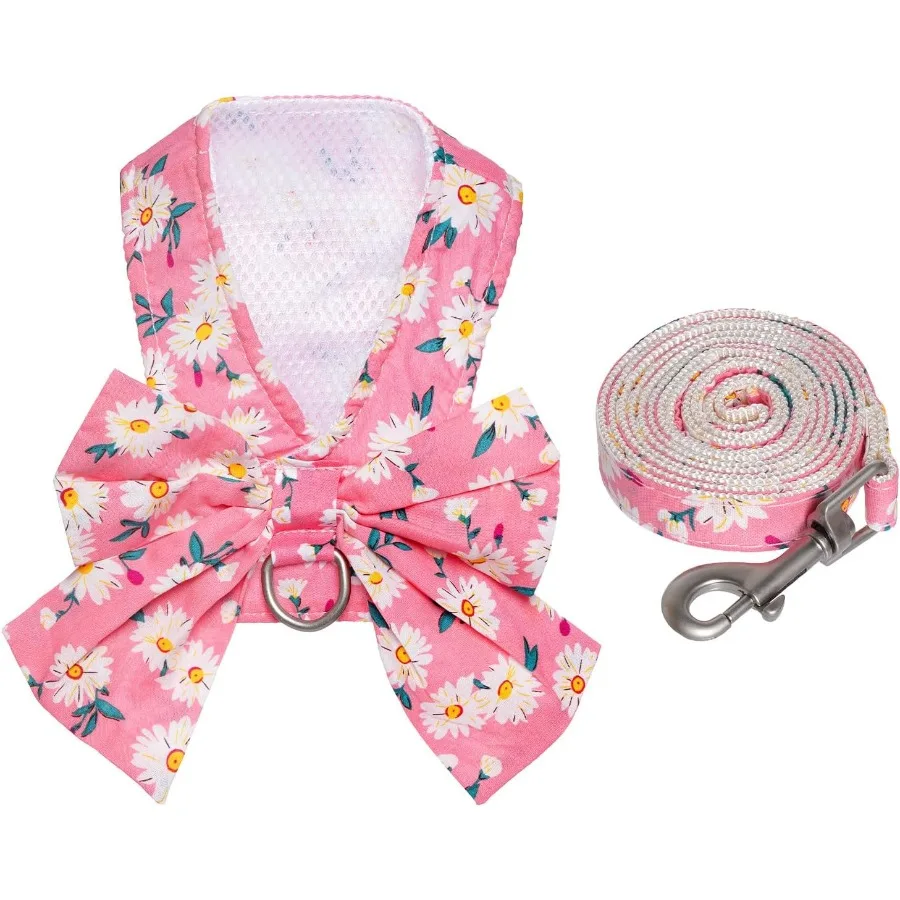 Hondenharnas en riemset Verstelbaar puppyharnas Mesh vest Set Strikknoop Huisdierenkleding voor kleine meisjes Hond Kat Zomer Roze XSmall