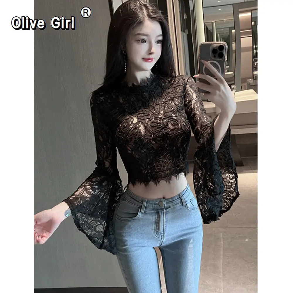 

Женская блузка Olivegirl с ажурным кружевом, расклешенными рукавами и коротким топом в западном стиле с длинными рукавами