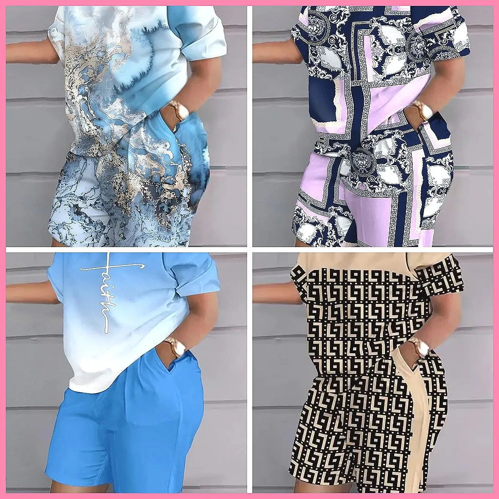 2026 Women's 2-Piece Set: Fashion Print Wide-Leg Pants & Top, Elegant Office Suit