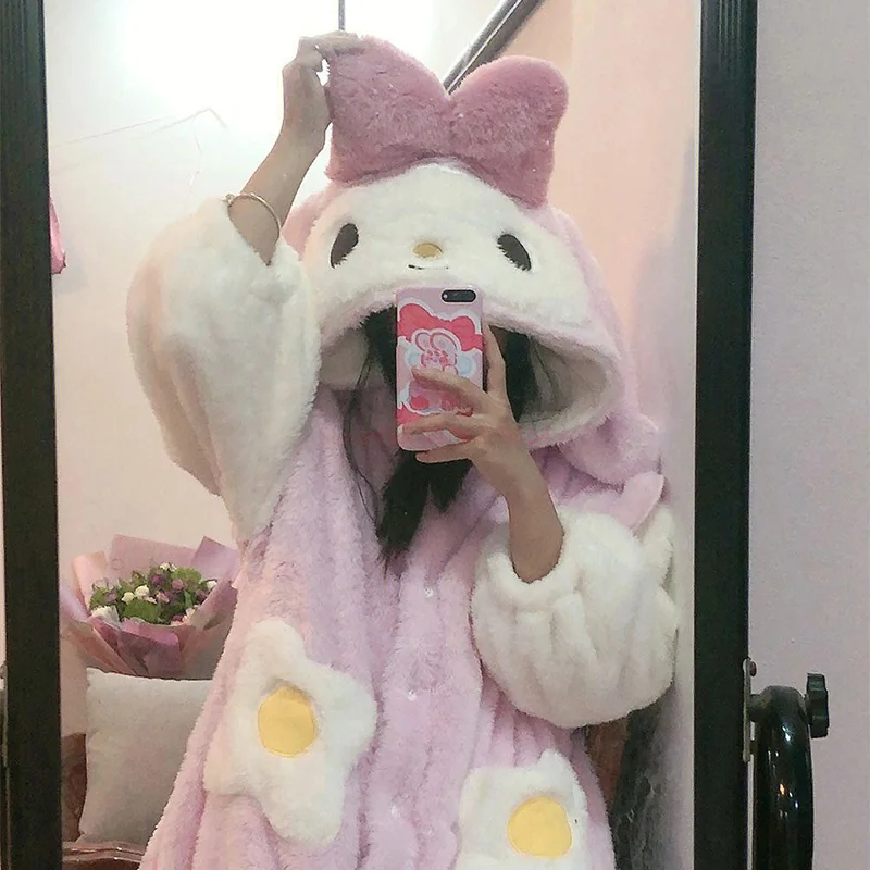 Sanrio My Melody Plush Pajamas Y2k Autumn Winter Coral Velvet Warm Sleepwear Women Kawaii Anime Thickened Flannel Home Clothes