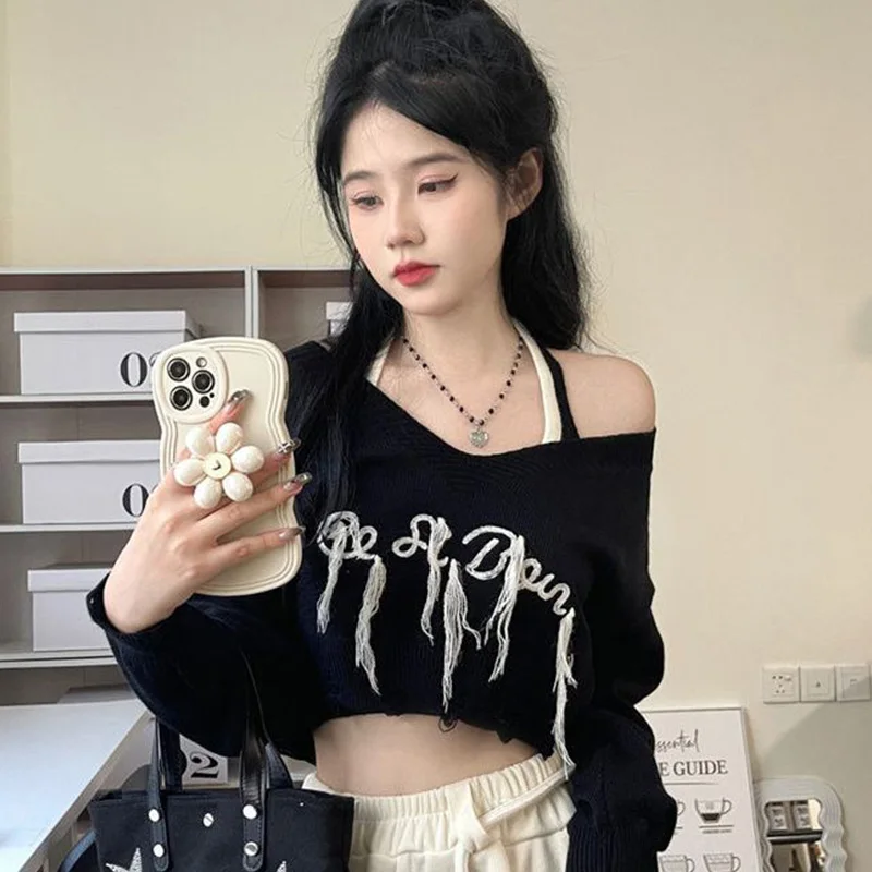 Femme Trend Sexy Casual Tassel V-neck Long Sleeve Pullovers Autumn Winter All-match Letter Knitting Sweater Odzież damska Tops