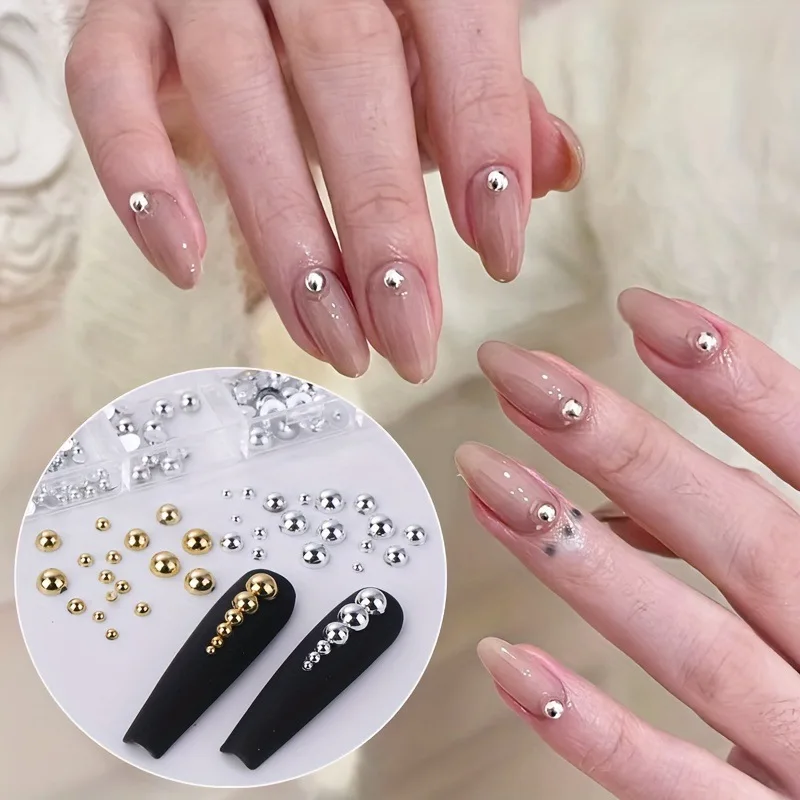 12 siatka/pudełko złoto srebro półokrągły koralik kawiorowy akcesoria do paznokci 1.5 ~ 5mm Flatback okrągłe stalowe ozdoby do paznokci narzędzia do paznokci