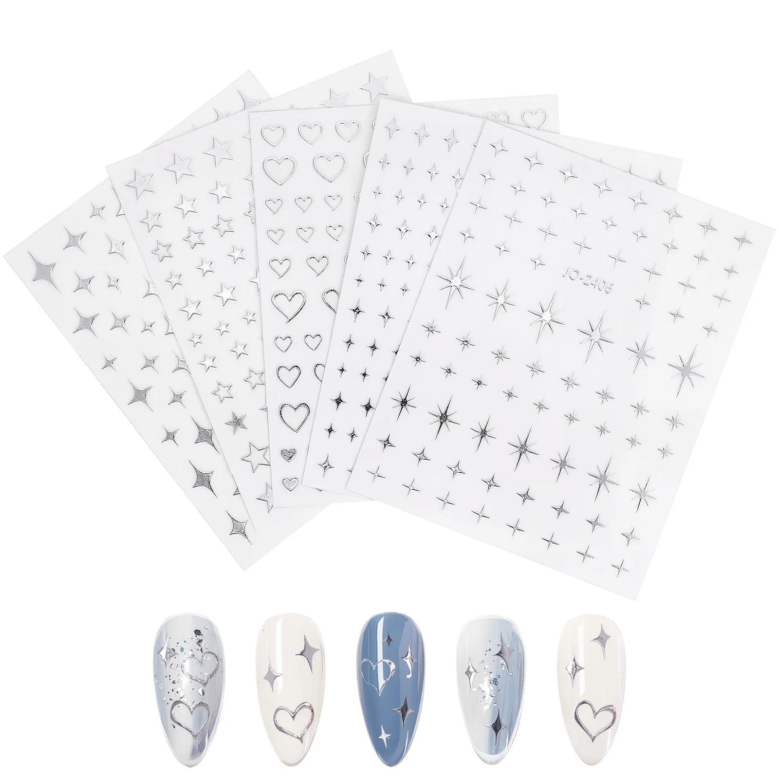 Autocollants pour ongles étoile argentée, décalcomanies scintillantes en forme de cœur pour manucure de noël, décoration Nail Art, petite pointe française, breloque