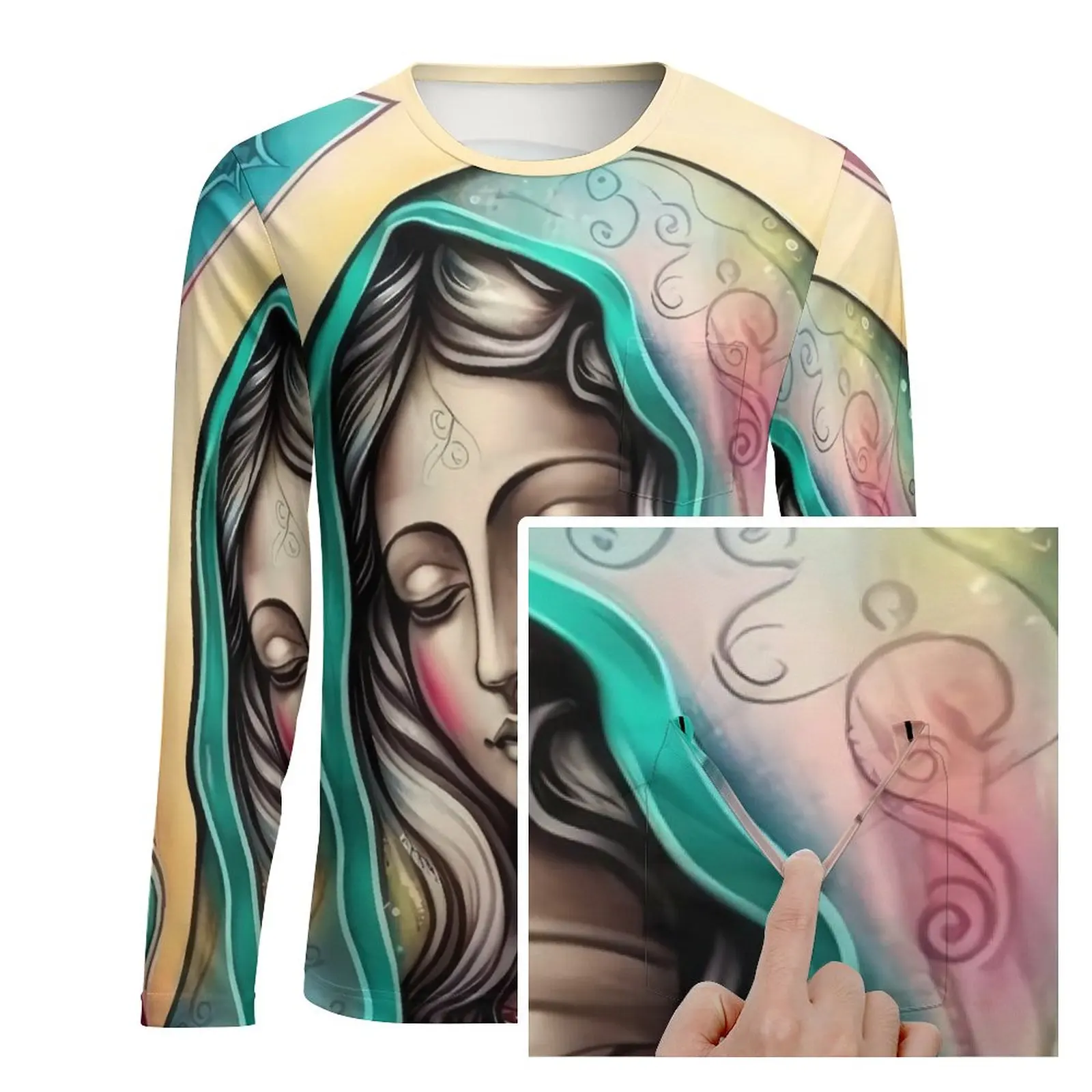 Virgin Mary T Shirt Christian Mother Goddess Vintage T-Shirts With Pocket Long Sleeve Graphic Tops Spring Fun Plus Size Tees