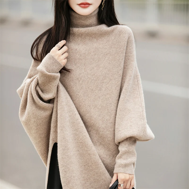 

Осенне-зимняя накидка средней длины с высоким лацканом, свитер из 100% чистой шерсти, женский пуловер с рукавами «летучая мышь», свободный вязаный топ с шалью