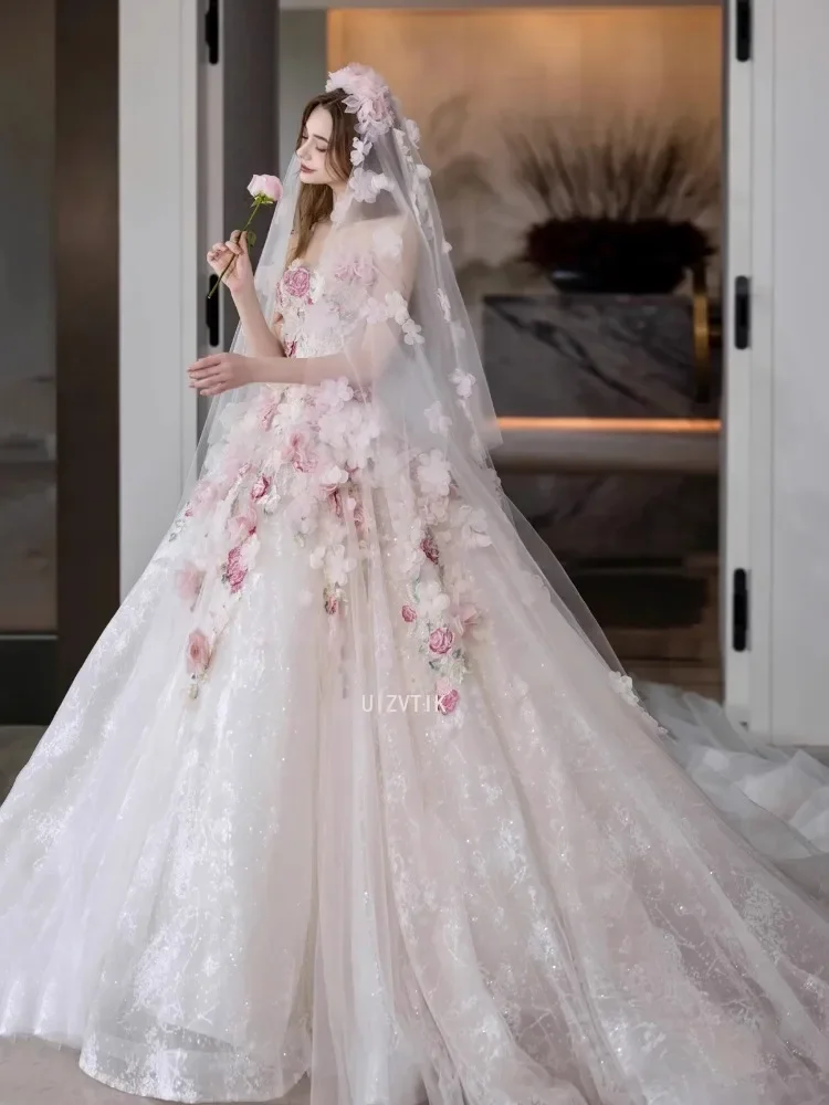 ชุดแต่งงานหรูหราแบบ 3 มิติ ชุดหมั้น ผ้าคลุมเจ้าสาว 2025 ใหม่ ทรงเกาะอก แบบเจ้าหญิงหวานๆ ชุดงาน Quinceanera ชุดราตรี