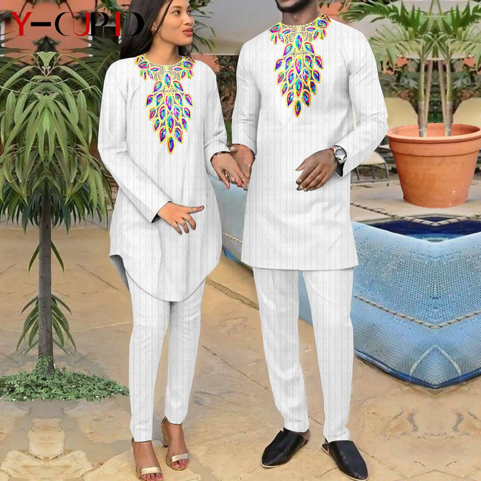 African Matching Outfit for Couples Bazin Riche Men Jacquard Top and Pants Sets Kaftan Dashiki Women Long Sleeve Outwear Y23C050