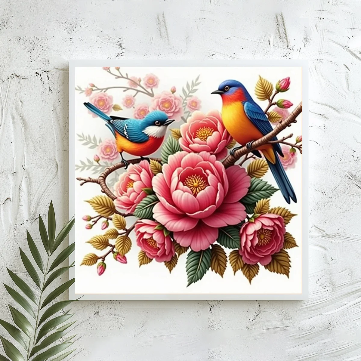 1 Stück 40x40 cm/15,74 Zoll, 11Ct/14Ct Kreuzstich-Set, DIY Valentinstagsgeschenk, Stickerei-Set für Festlichkeiten, Blaue Vögel auf Pfingstrosenzweig – Detail 2