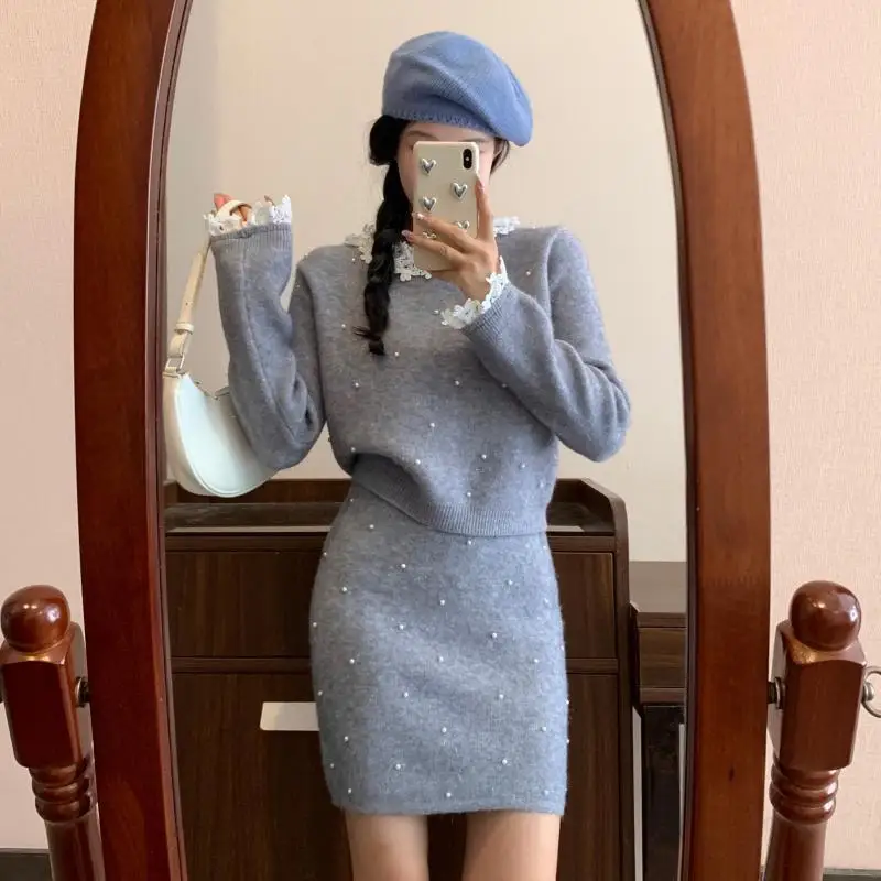 

Summer Small Fragrance Commuter Suit Women 2025 Autumn Winter Elegant High Quality Lace Ruffled Top Shirt Skirt 2-piece Set
