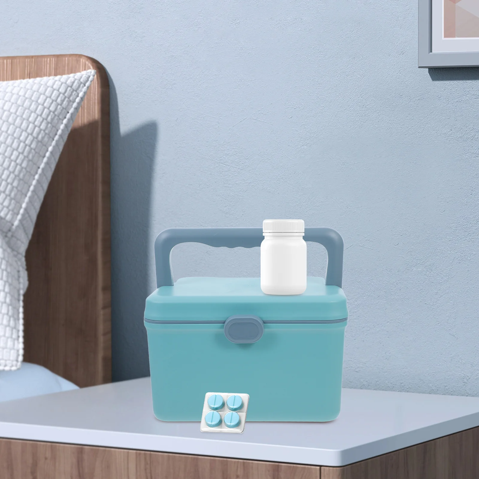 1 صندوق تخزين طبي ذو سعة كبيرة منظم أدوية أزرق متعدد الأقسام مع مقبض حقيبة أدوية محمولة للمنزل