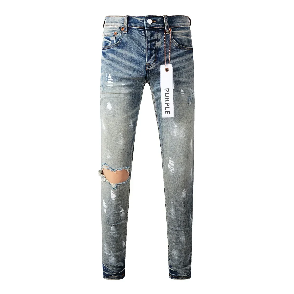 

Purple Brand jeans with high street paint holes and blue ground white Fashion high quality Repair Low Rise Skinny Denim pants