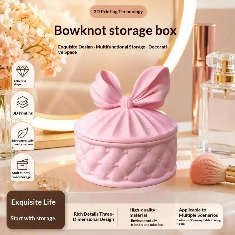 3D-gedruckte Schmuckaufbewahrungsbox, niedliche Schleife, gesteppt, umweltfreundlich, Deko-Organizer für den Schminktisch, Geschenk für Freundin oder Tochter – Detail 3