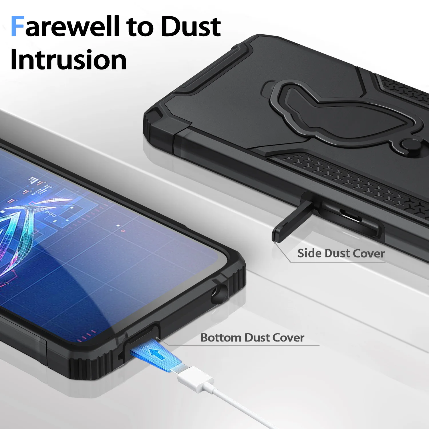 HARUINO Armor Case for ROG Phone 6 Pro, Built in Kickstand and Camera Cover, Dust-Proof for Charging Port and Cooler Port