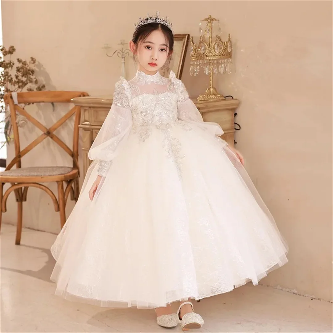 

Communion Kids Girls Formal Party Gowns Long Sleeve Wedding Princess Flower Girl Dress White Sequin Tulle Junior Bridesmaid