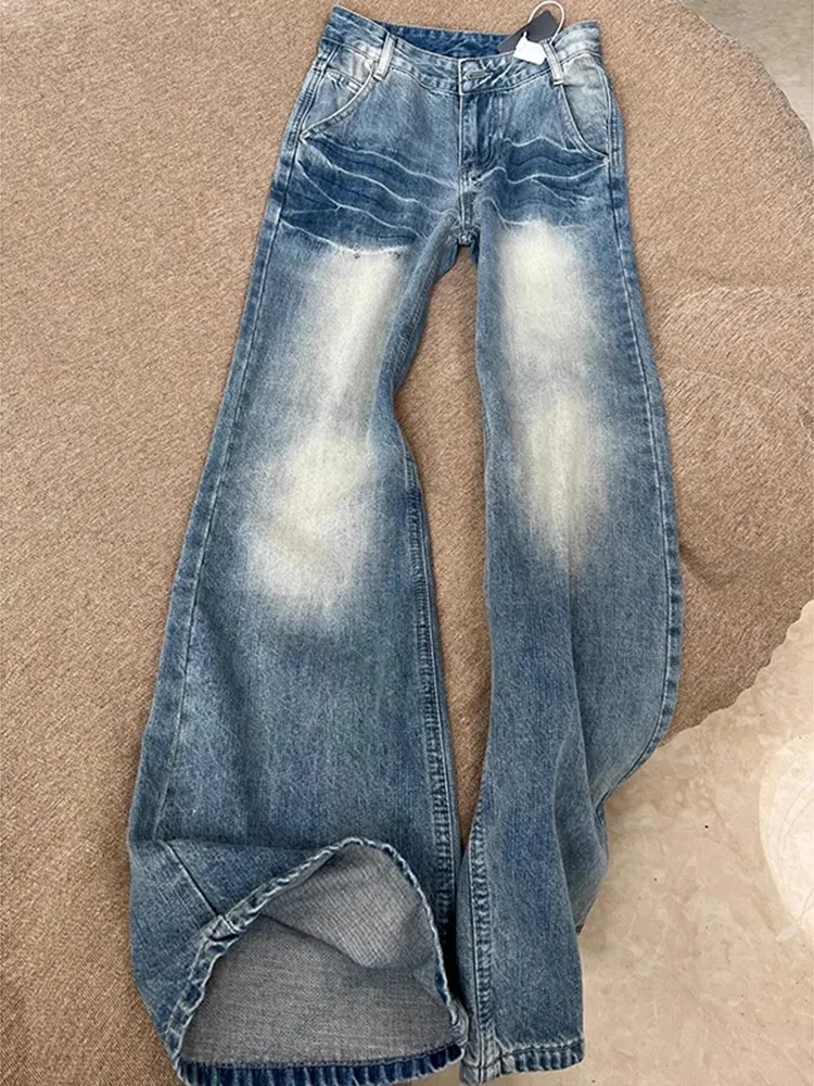 

Retro Blue Lightning Pattern Men's Jeans Summer Thin American High Street Vibe Waed Straight Leg Micro Flared Pants