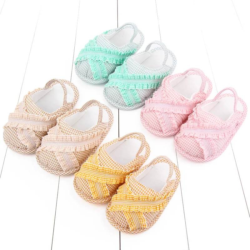 

0-1 Year Old Baby Indoor Walking Shoes Lace-Up Checkered Cool Slippers Soft Sole Baby Shoes Elastic And Anti-Slip Walking Shoes