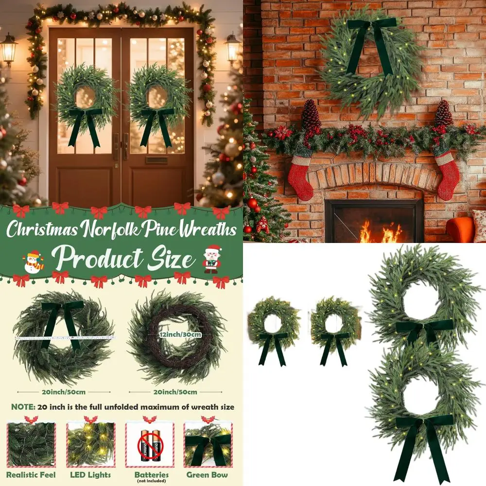 

20 Inch Realistic LED-lit Christmas Wreaths with Green Bows for Indoor/Outdoor Home Decor