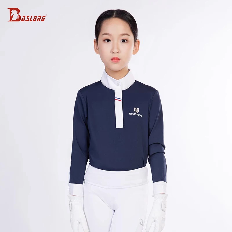 Baslong Equestrian Clothing Kidsren's T-Shirt Top Long-Sleeved Sun Protection Breathable Polo Shirt Girls Riding Competition Knight Clothing