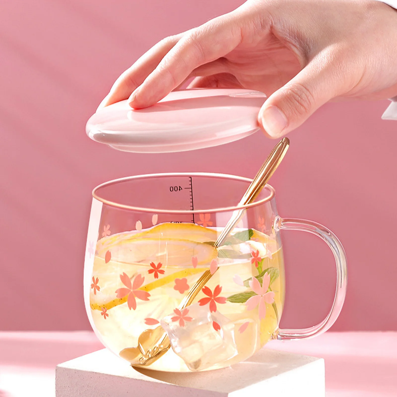 

1Set Glass Cherry Blossom Coffee Mug Large Capacity Exquisite Water Cup Creative Decorative Drinking Cup Home Mug