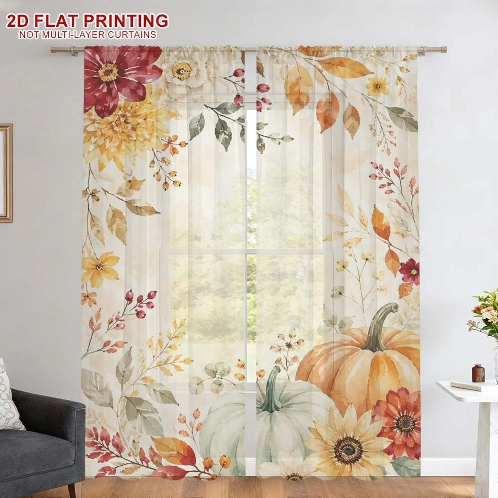 2PCS Thanksgiving Fall Sheer Curtains, Floral Pumpkin Autumn Leaf, Digital Print, Living Room Bedroom, Rod Pocket, Home Decor