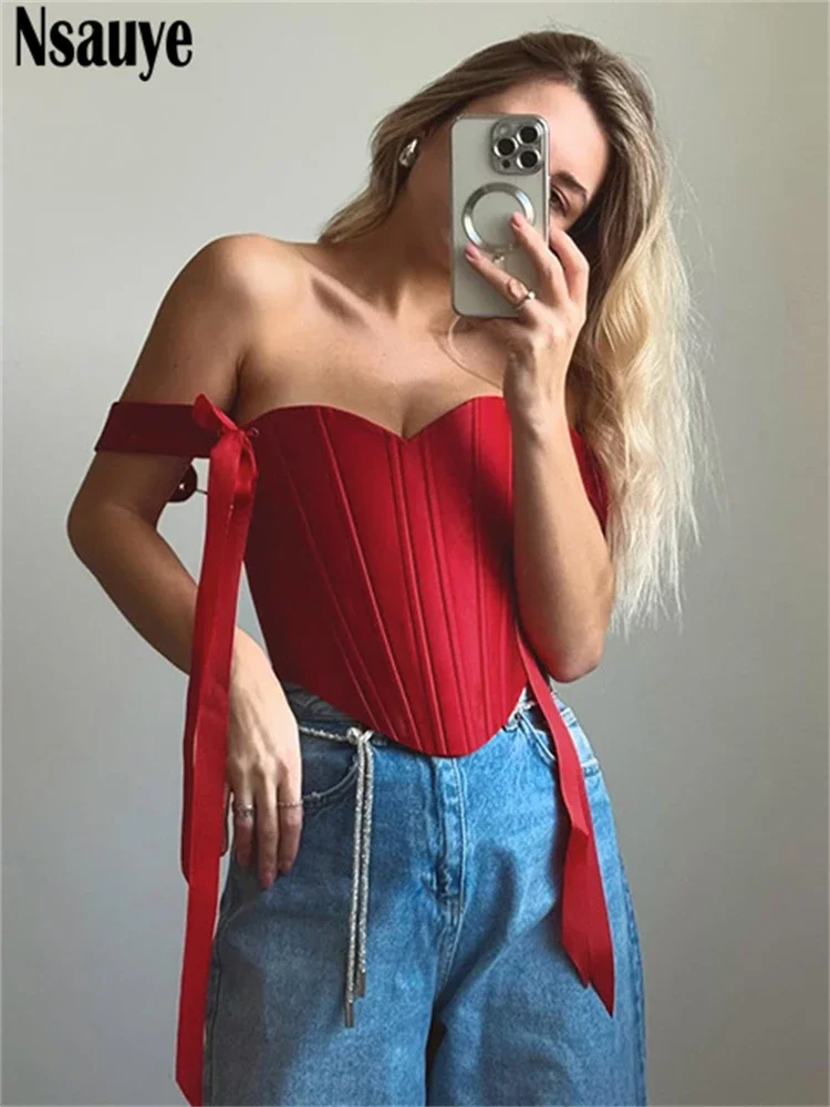 Nsauye Casual Women Sexy Fashion Satin Mini Skinny Y2K Corset Crop Tops 2025 Spring Summer Female Night Club Red Tank Tops Vest