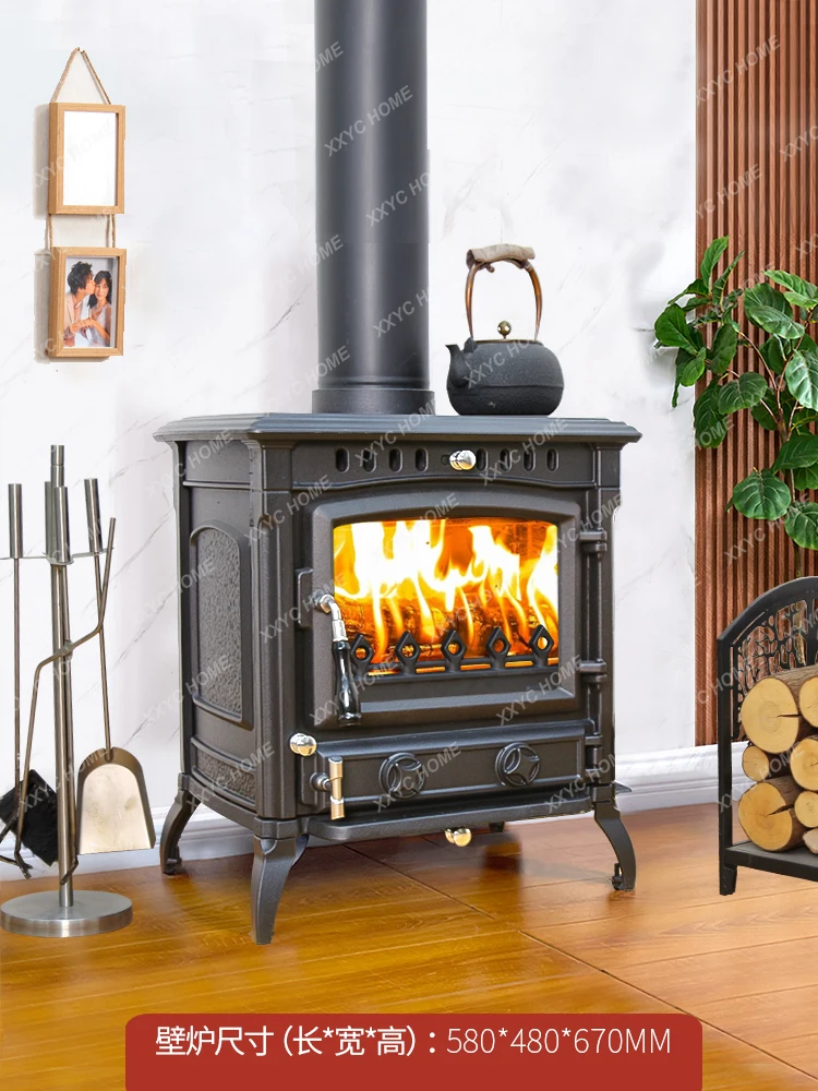 Double Burning Home Indoor Rural Cast Iron Heating Stove Villa B & B Self-Built Houses Firewood Burning Real Fire Fireplace