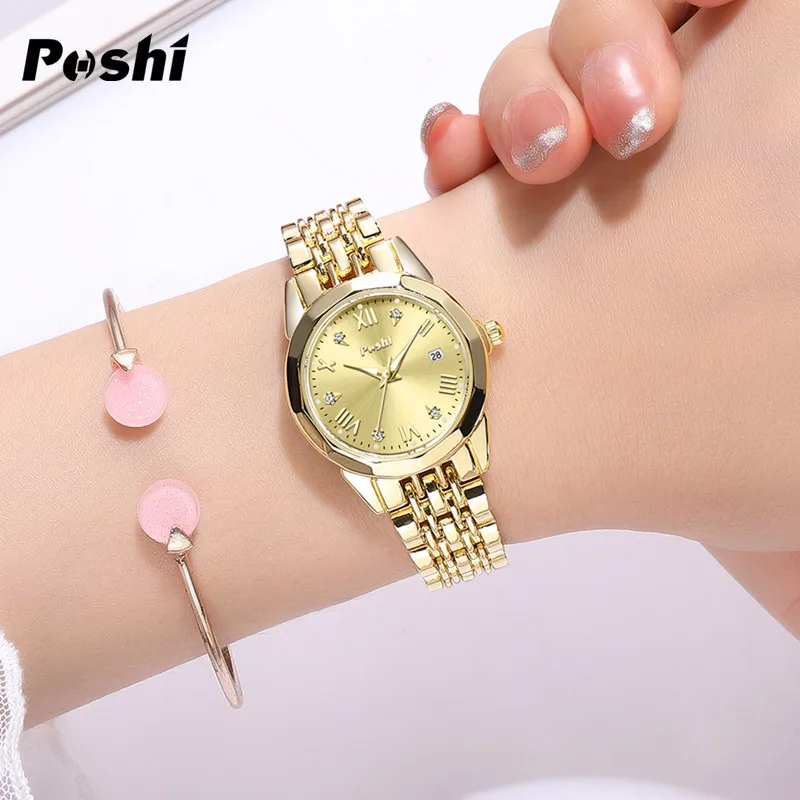 POSHI Stainless Steel Strap Quartz Watch Fashion Casual Women's Watches Crystal Dial Quartz Movement Date Ladies Bracelet Gift