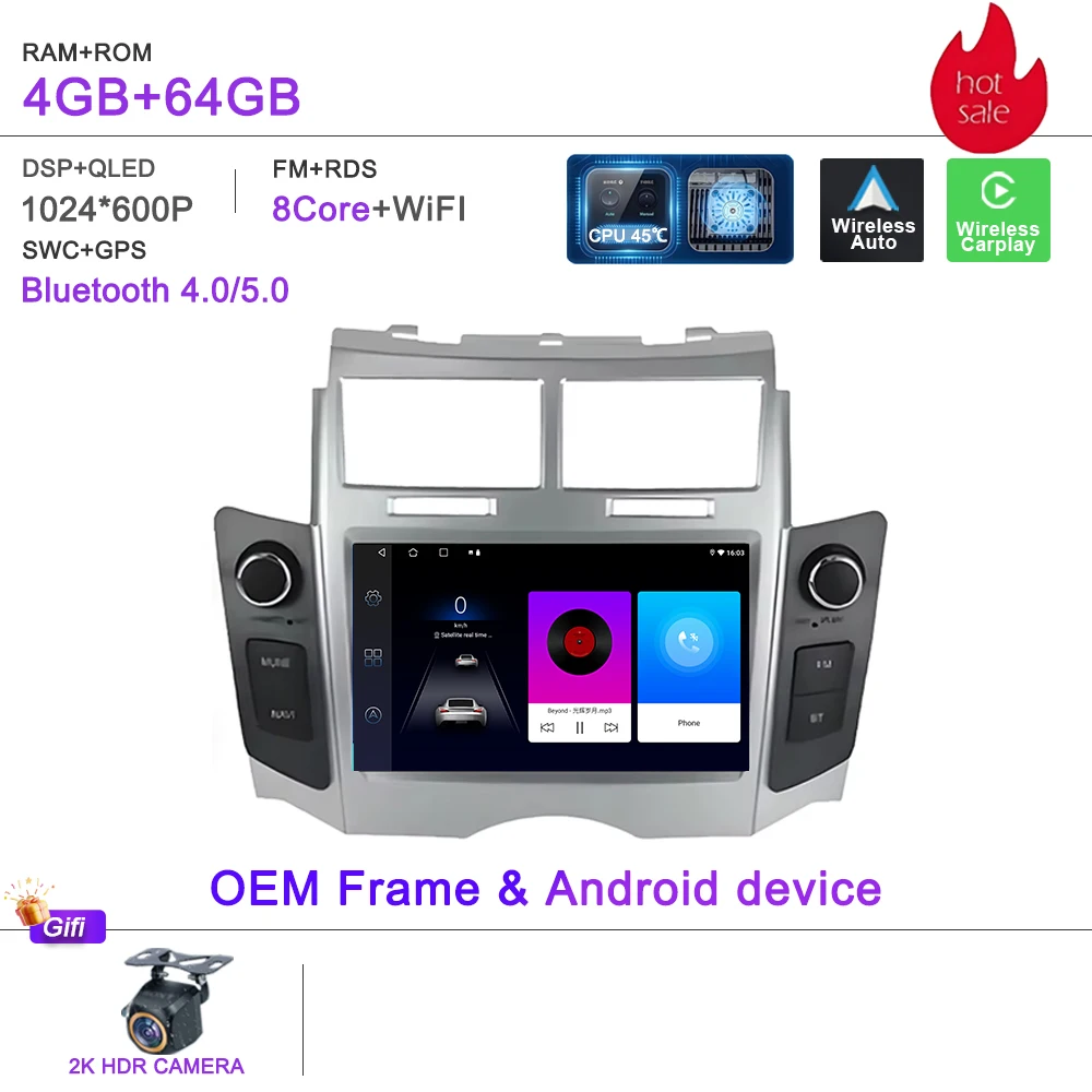 Android 16 Autoradio Voor Toyota Yaris XP90 Vitz Platz 2005-2012 Draadloze CarPlay 2din Stereo DSP multimedia Playe GPS Autoradio