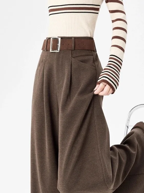

Retro High Waist Wide Leg Straight Cut Grey Suit Pants for Women Autumn Winter New Style Casual Knitted Trousers