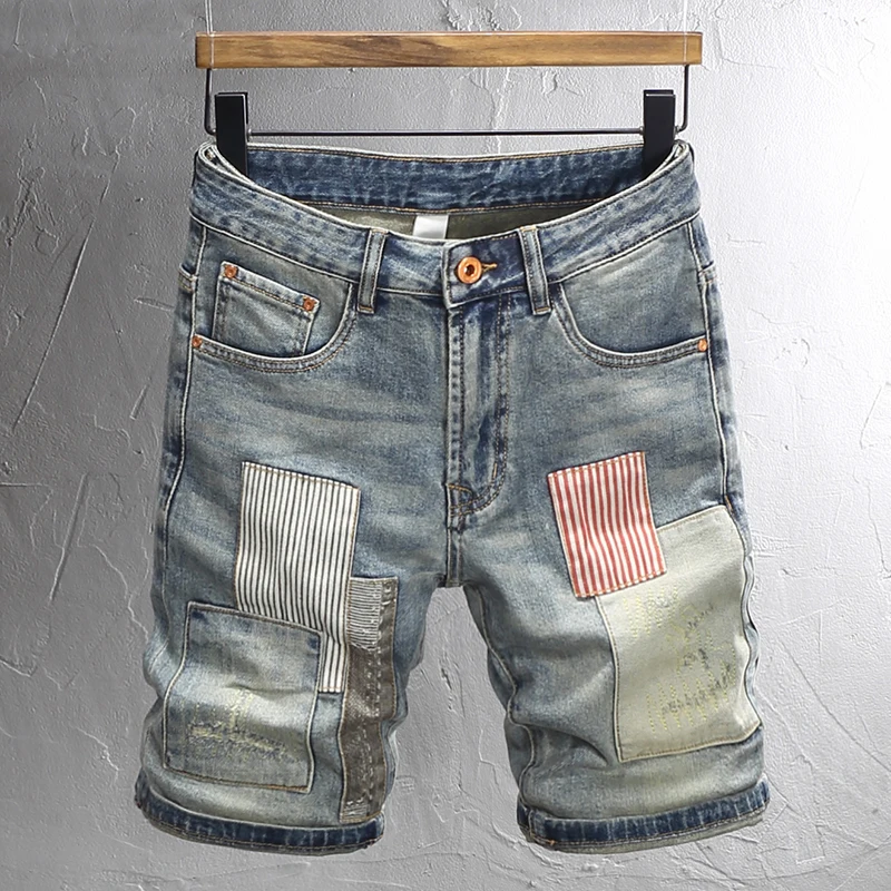 

Summer Fashion Casual Men Jeans Retro Washed Blue Stretch Ripped Short Jeans Hombre Patched Designer Hip Hop Denim Shorts MEN