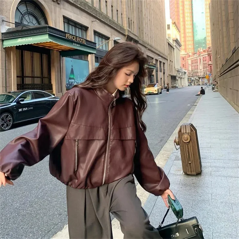 Herfst 20256 Damesjas Casual Opstaande Kraag Lange Sve Kunstleer Jaet Veelzijdige Bovenkleding Ele Ladylike Sle