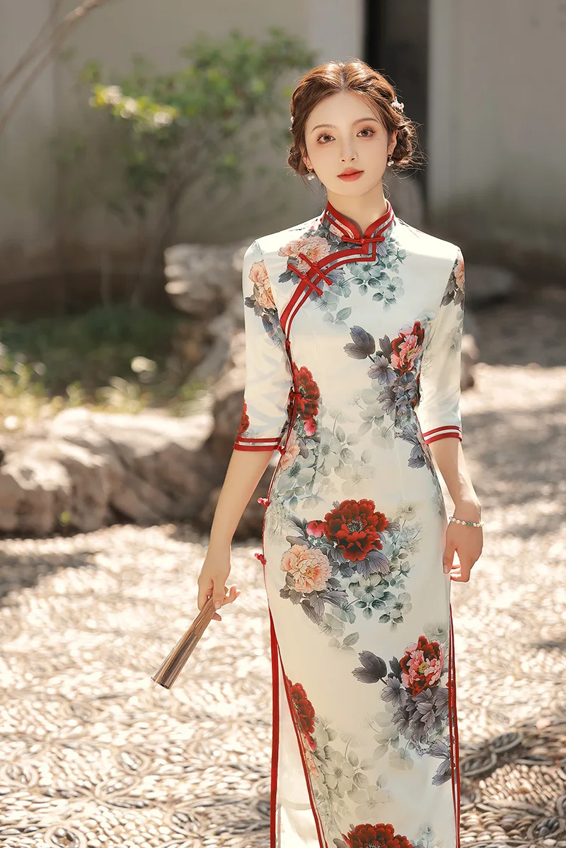 새로운 봄 여름 2023 Cheongsam 긴 더블 레이어 Qipao 중국 드레스 당나라 정장 Hanfu 여성용 반팔 정장 드레스, 중국산