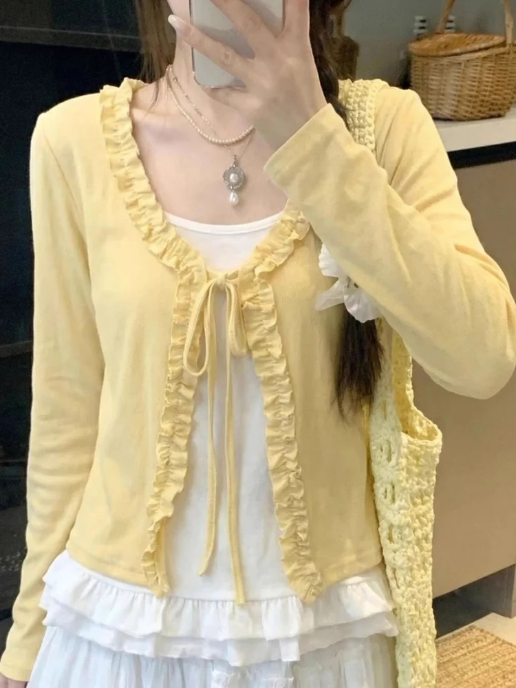 Yellow Tie-Detail Wood Grain  Women's Slim Fit T-Shirt Spring Summer Versatile Stylish Korean Style Long Sleeve V-Neck Top