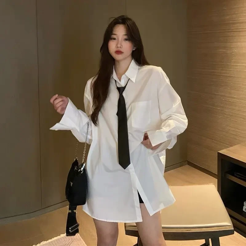 

Gothic T Shirt Women Long Sleeve Jk White Shirt Korean Style Solid Tie Oversize Shirt Blouse Loose Streetwear Tops