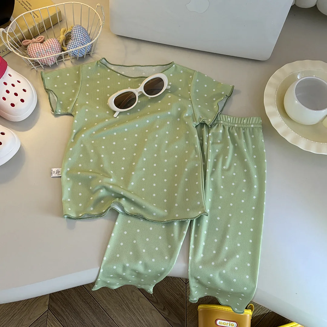 Summer Girls' Short Sleeved Set Baby Top Long Pants Two-piece Set Children's Polka Dot Striped Bear Pattern Air-conditioned Suit
