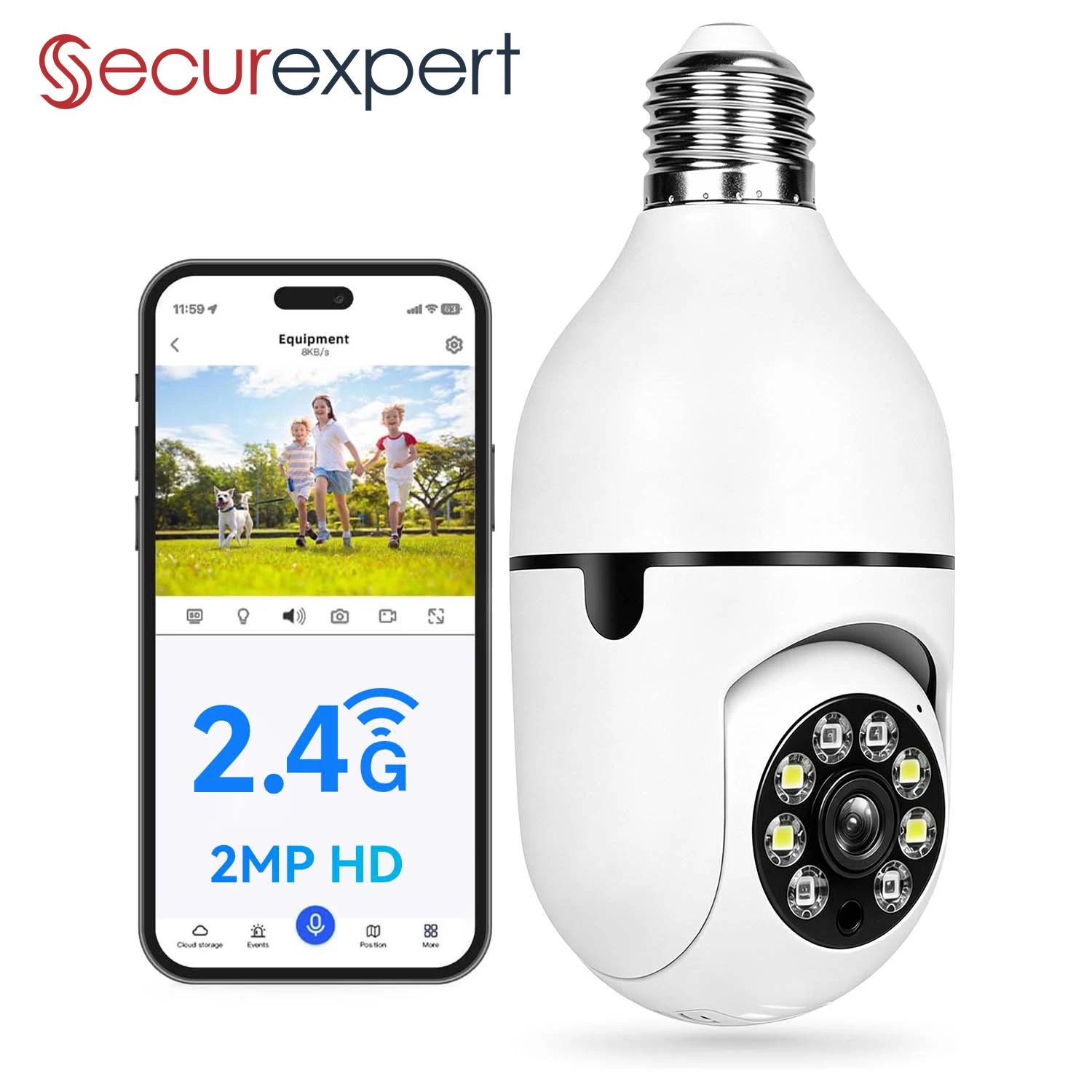 Securexpert E27 Bulb Security Camera Full Color Night Vision Smart Motion Detection Zoom WiFi Indoor Mini IP Camera Home Monitor