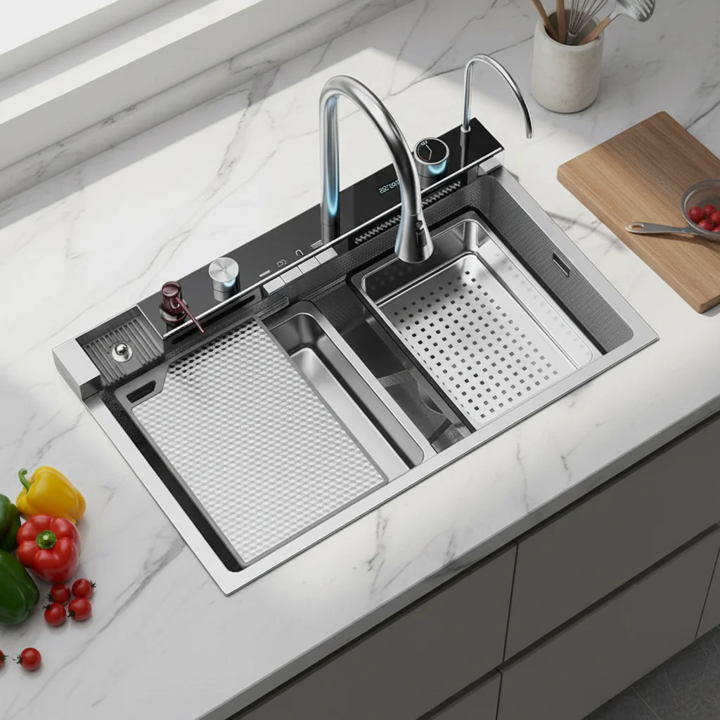 

68/75/80cm Smart LED Digital Multifunctional Waterfall Faucet & 304 Brushed Silver Honeycomb Kitchen Sink