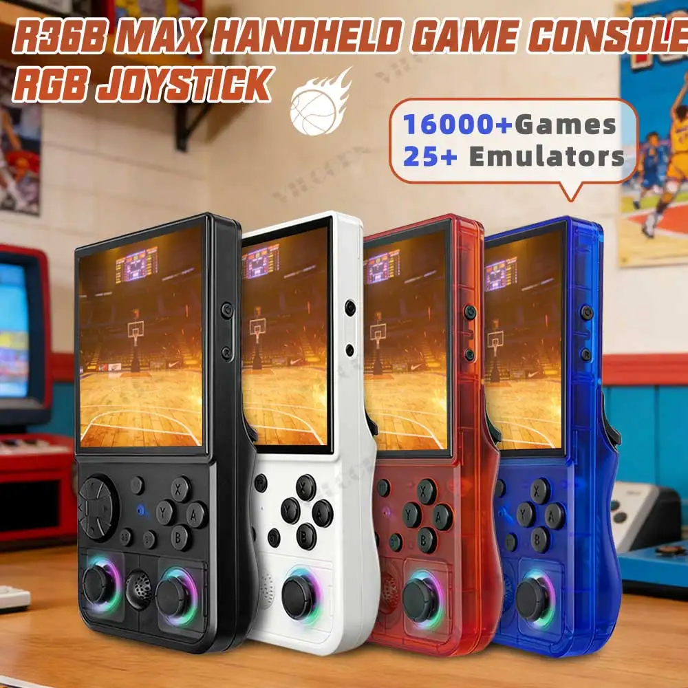 

Портативная игровая консоль R36BMAX в ретро-стиле, 16000 бесплатных игр, 4-дюймовый большой экран, RGB-джойстик 3D, стильный дизайн, отличный подарок