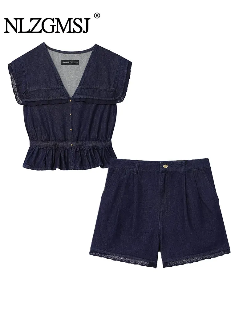 

NZLGMSJ Casual Chic Women Suit Denim Short Sleeve V-Neck Lace Decoration Blouse Shorts New Fashion 2025 Holiday Set