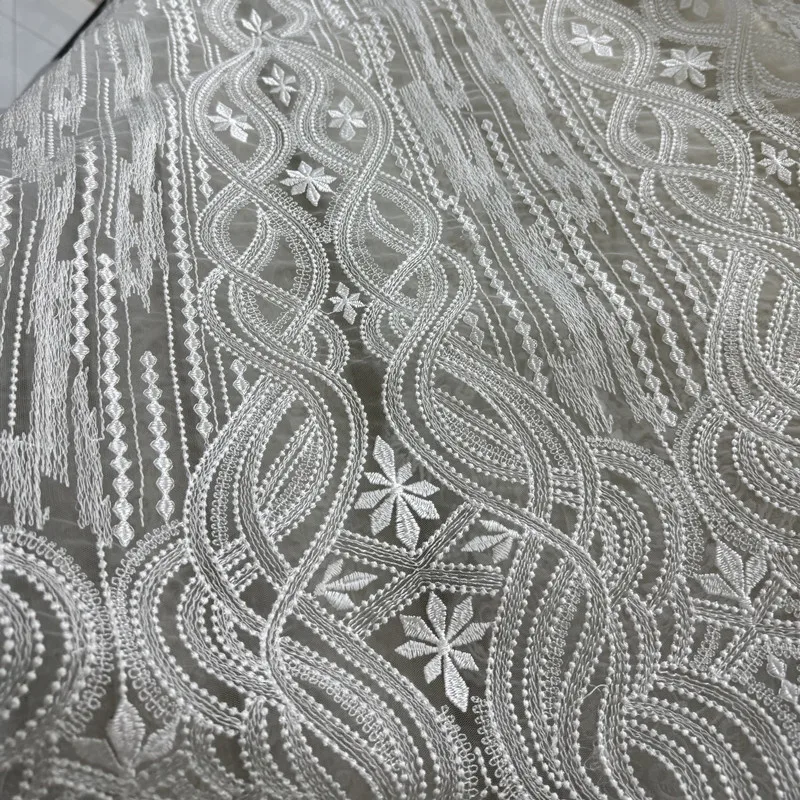 

New Textured Polyester Thread Pure Lace Embroidery Fabric Sheer Tulle DIY Wedding Dress Evening Gown Bridal Decor Formal Clothe