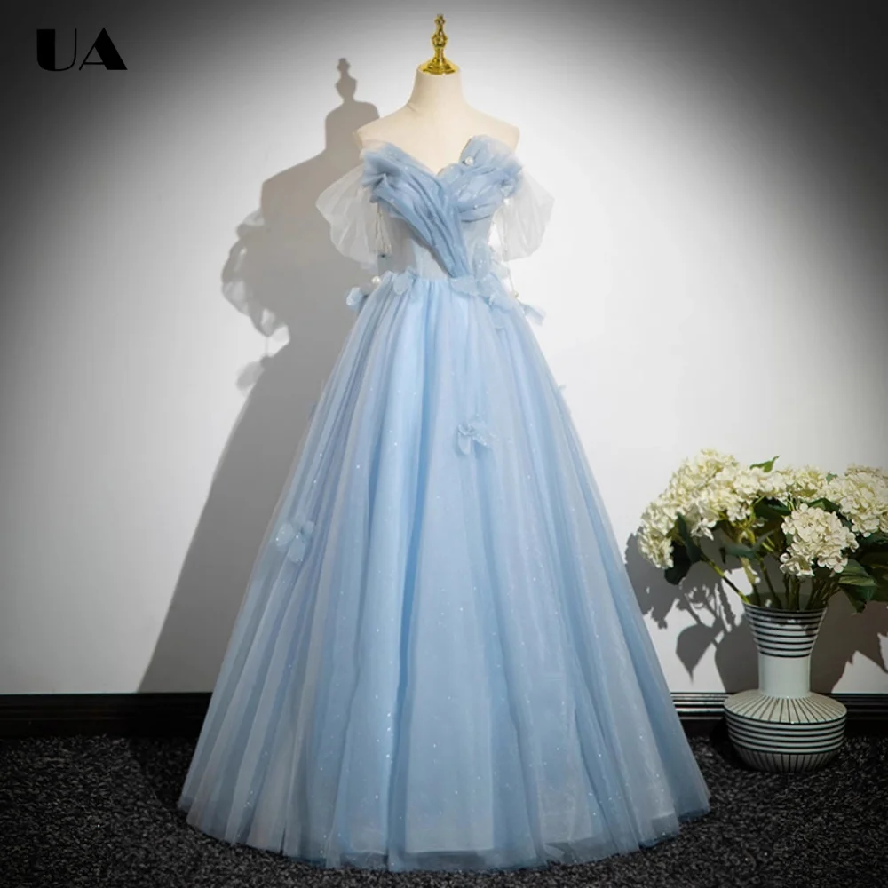 

ULBYANRY Customized Mesh Off-the-shoulder Evening Dresses for Women, Romantic 3D Flower Party Dress, Elegant Ruched Ball Gown